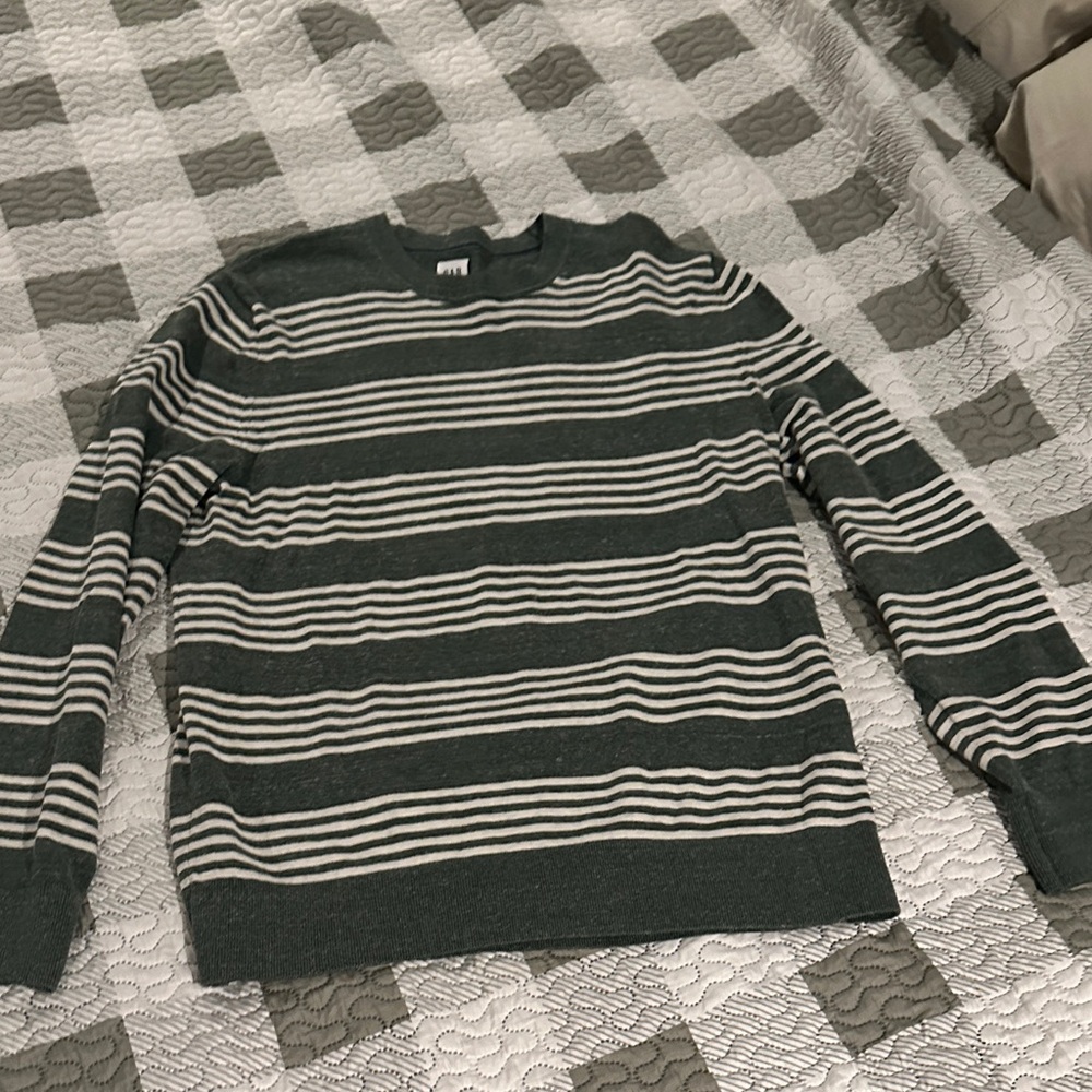 GAP Dark Green and White Striped Crewneck Sweater